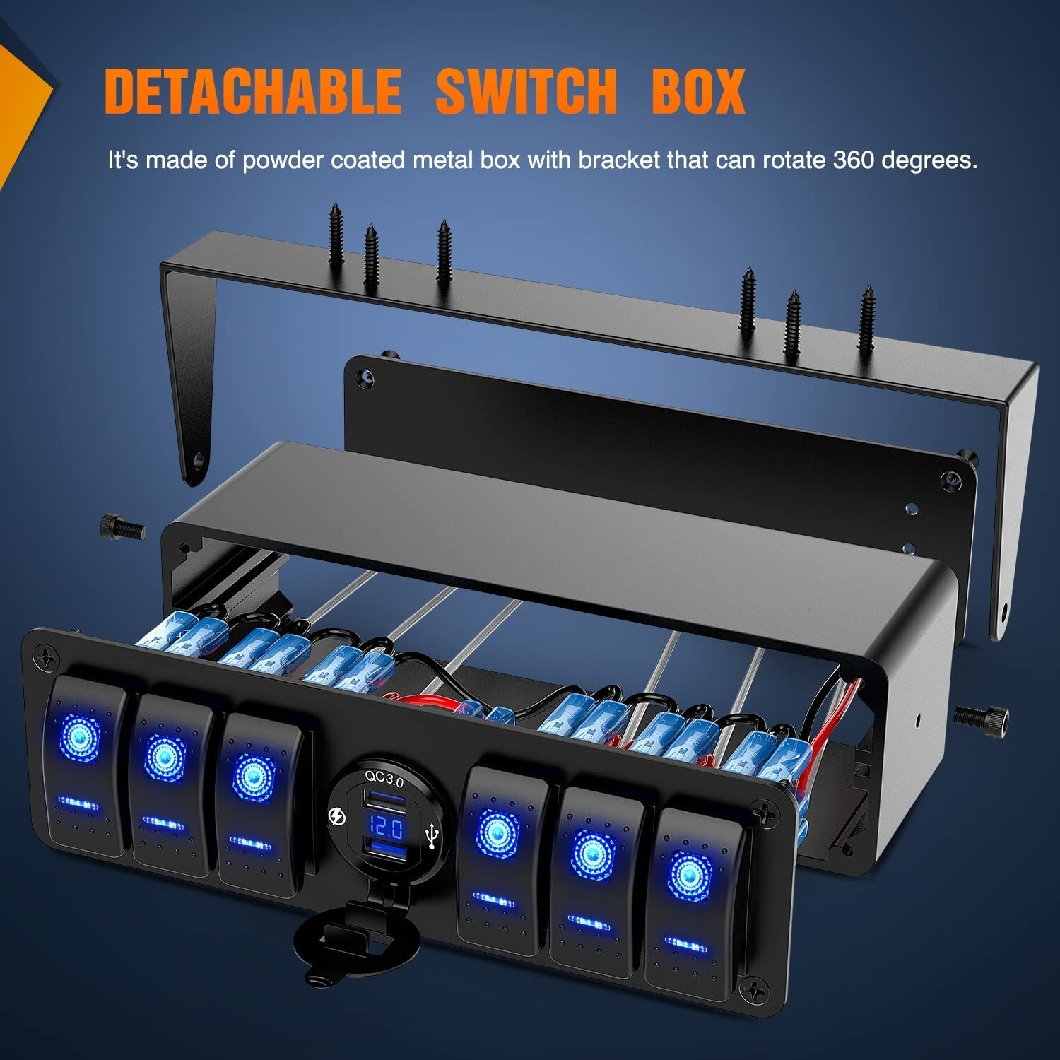 All-in-One 6 Gang SPST Rocker Switch Box with Dual USB & Integrated Voltmeter