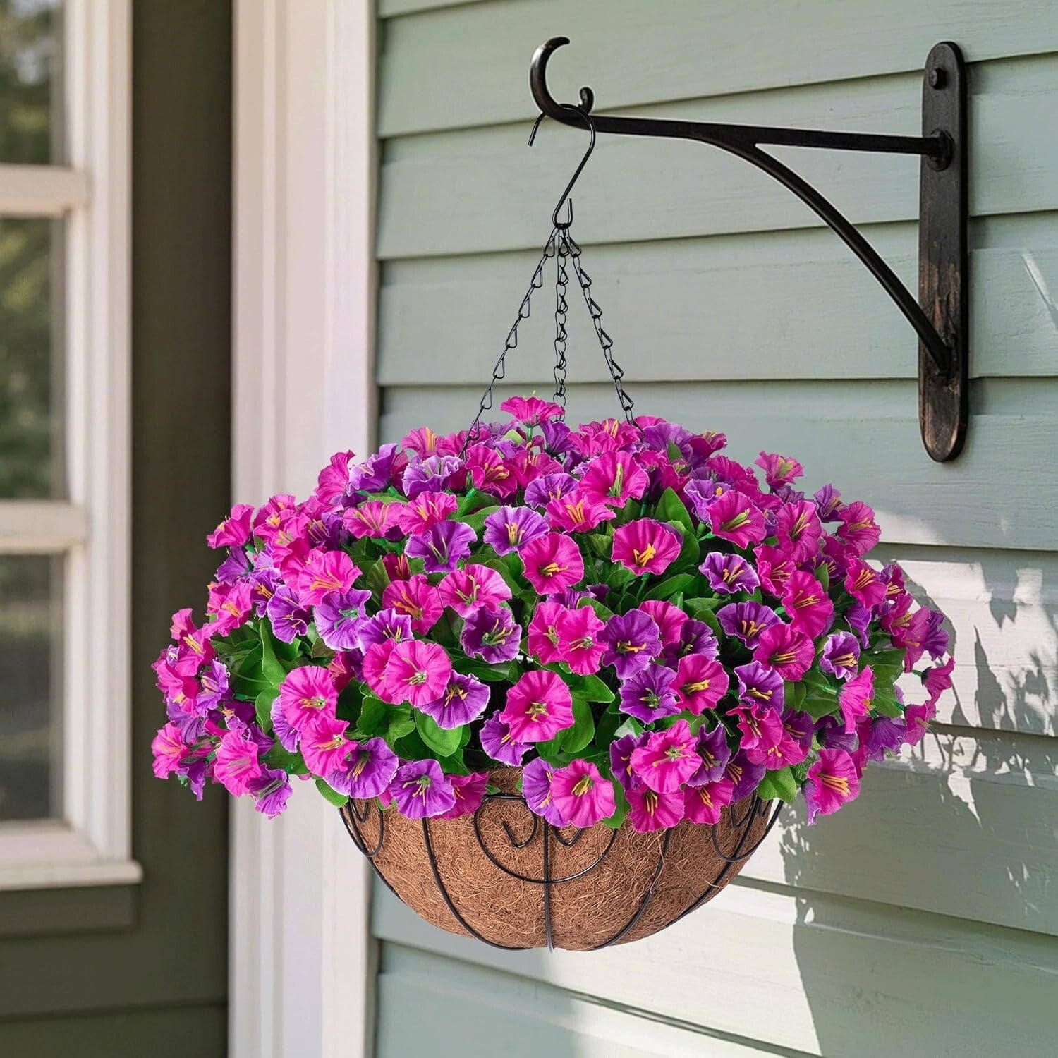 Elegant Faux Silk Petunias in Coconut Basket - Indoor/Outdoor Hanging Flowers