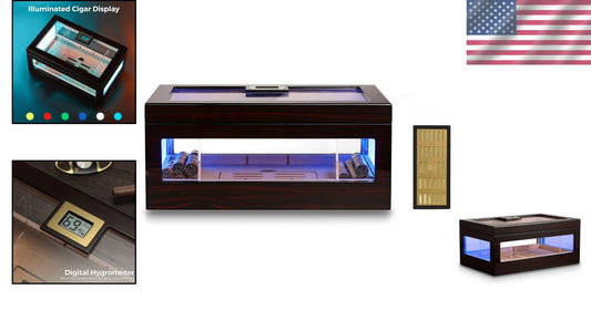 Stylish Cigar Humidor for 120 Cigars with Crystal Gel & Adjustable LED Lighting