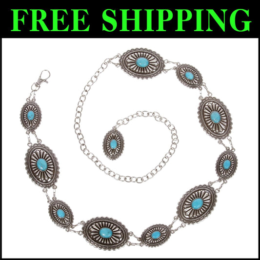 Unique Women's Oval Turquoise Stone Concho Belt - Adjustable and Fashion-Forward