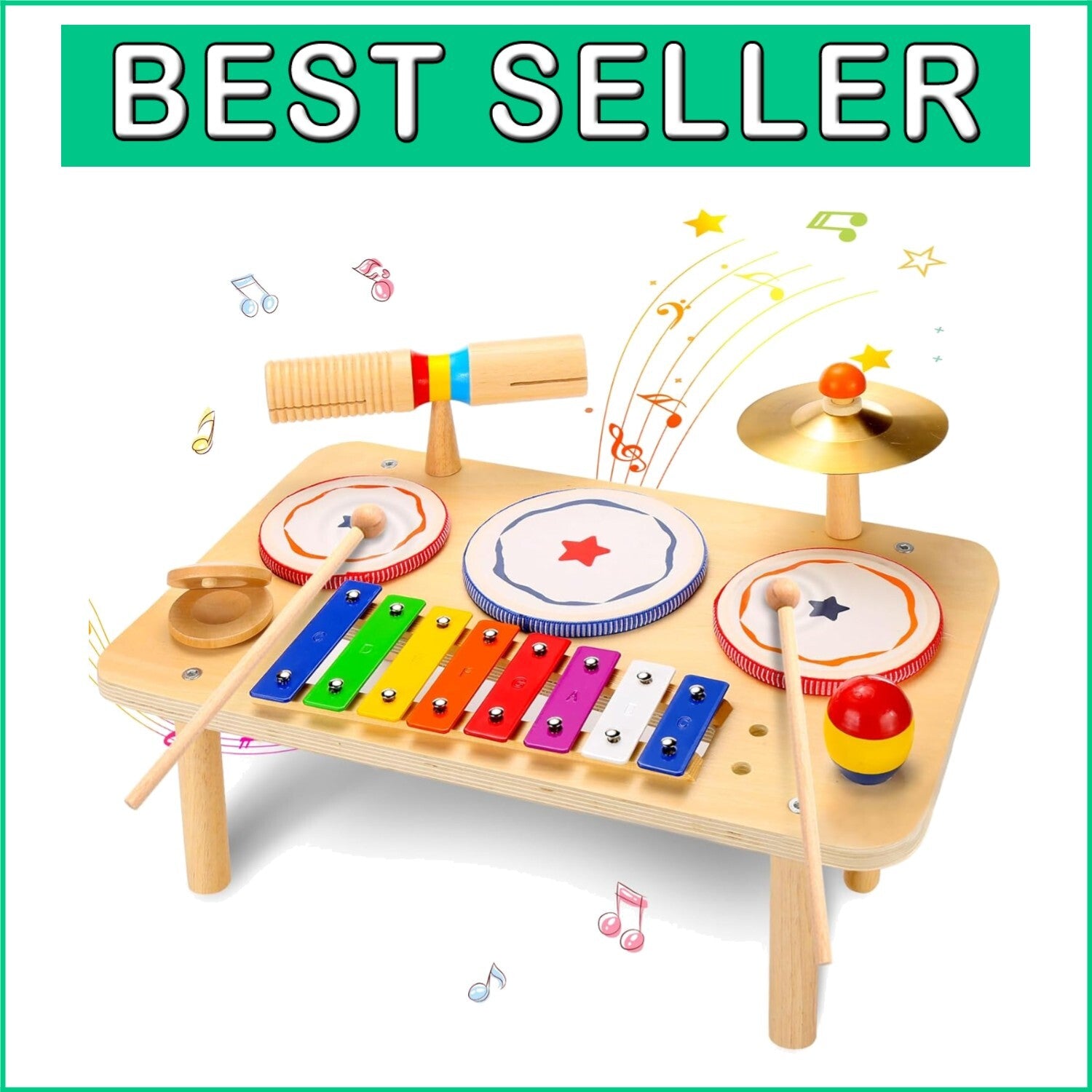 Wooden Kids Drum and Xylophone Set: Educational Musical Instruments for Toddlers