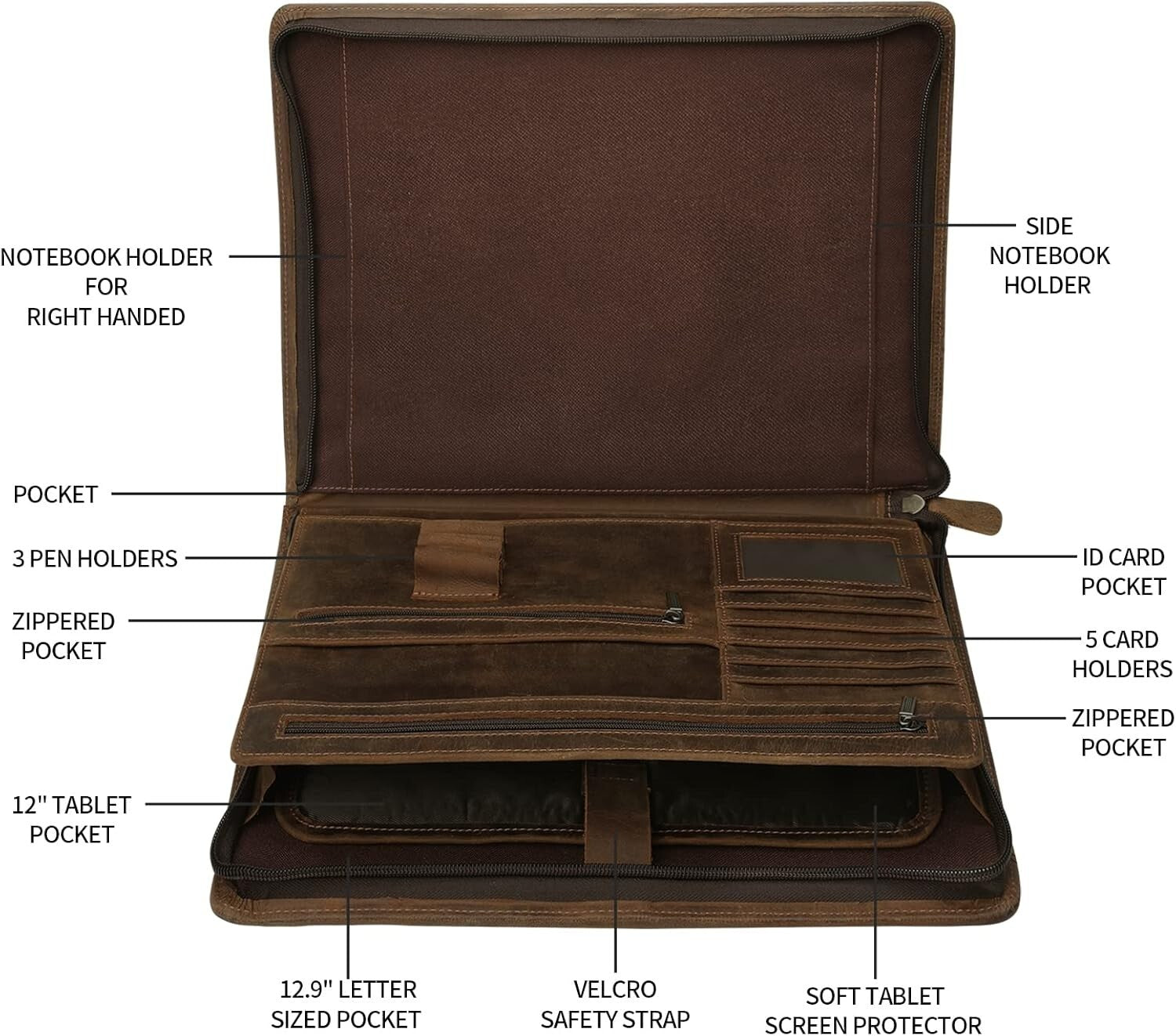 Luxury Full Grain Leather Zippered Portfolio Padfolio for Business Professionals