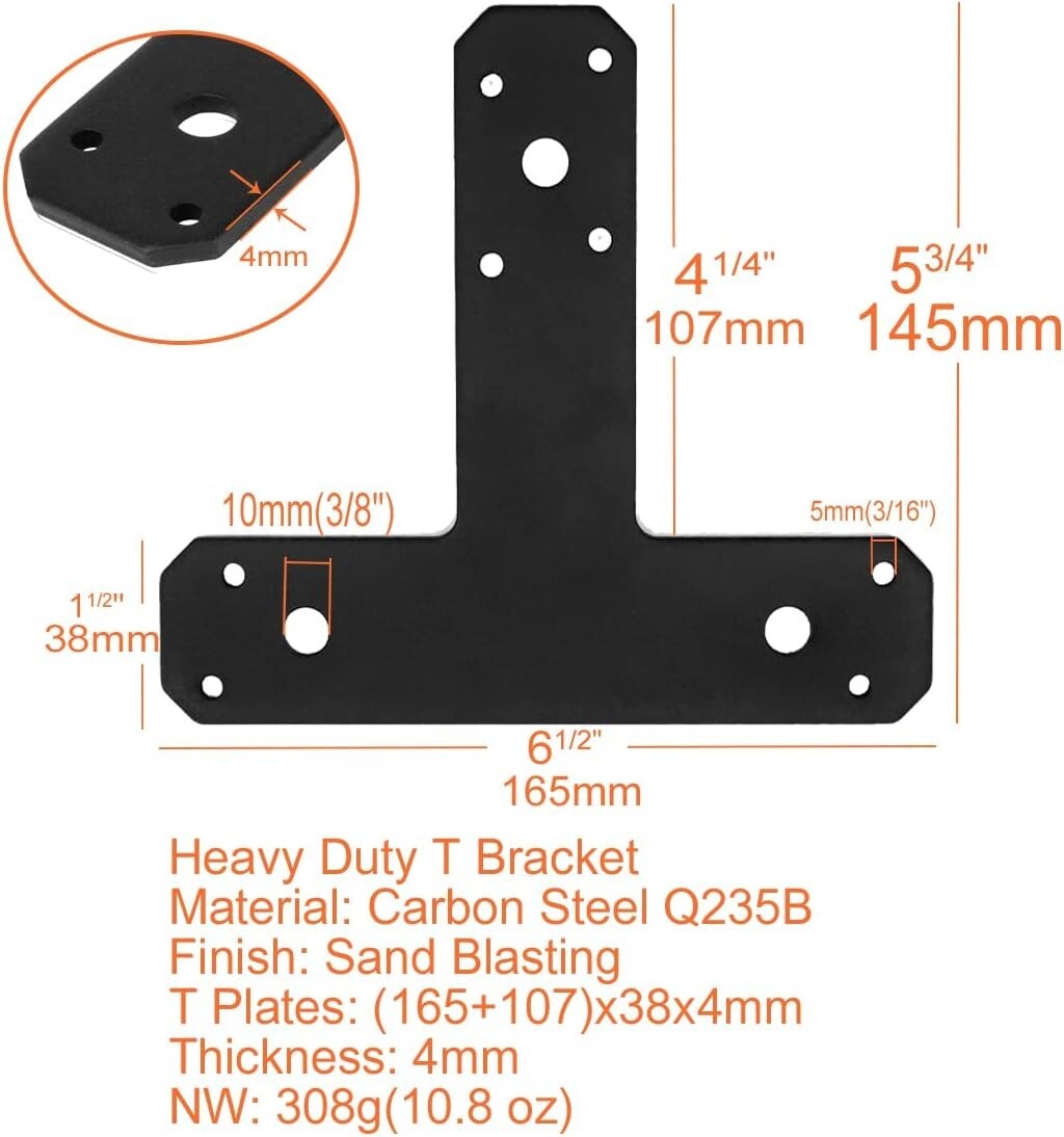 6 Pack Heavy-Duty Steel T Brackets for Wood - Black Pergola Mending Plates