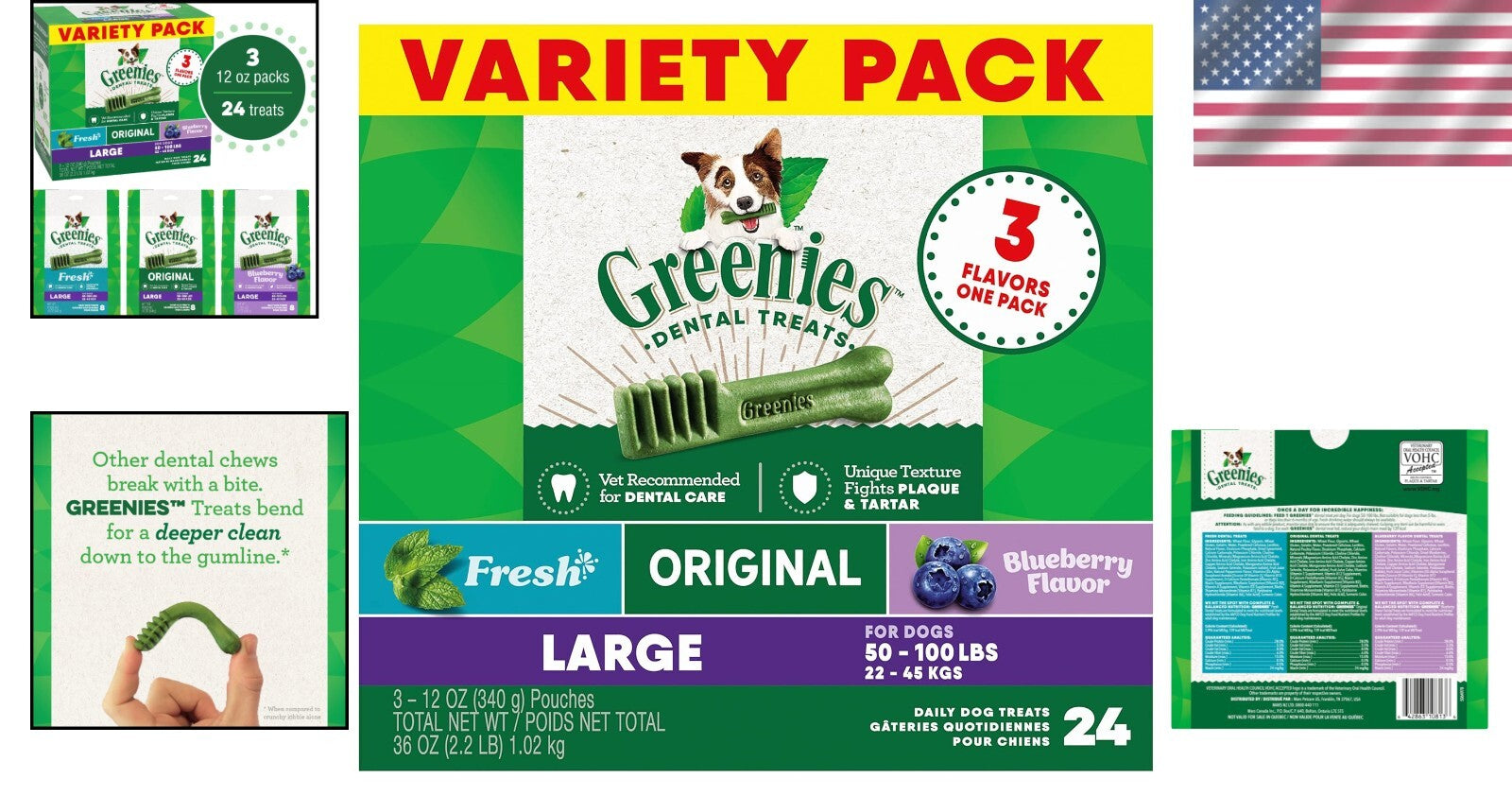 Daily Dental Care Treats for Large Dogs - 3 Packs of Natural Chews, 36 oz.