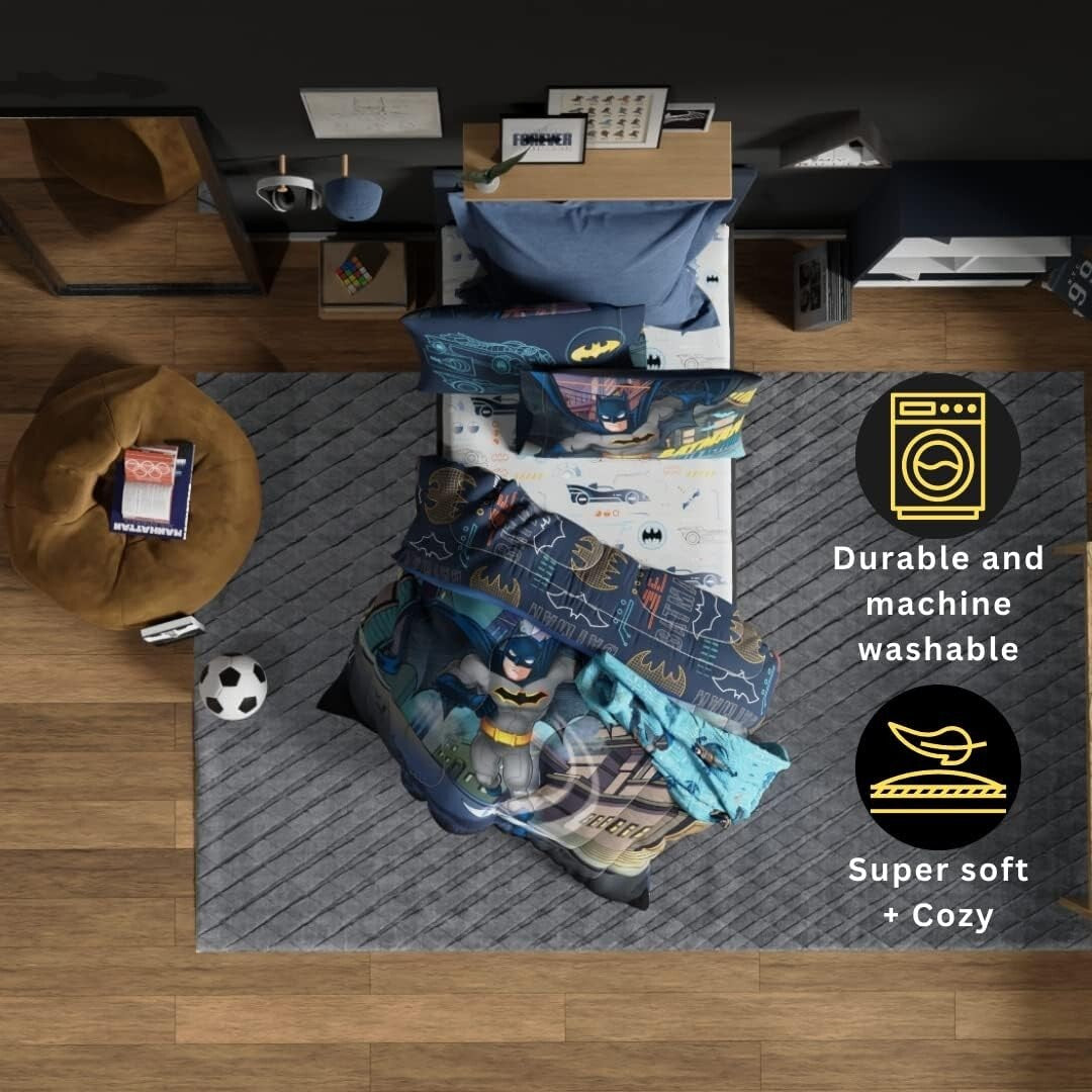 Dynamic Batman Kids Bedding Set - 4 Piece Twin Size Comforter and Sheets