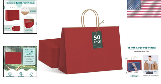 Elegant Red Kraft Gift Bags - 50 Pack, 16x6x12, Perfect for Parties & Retail