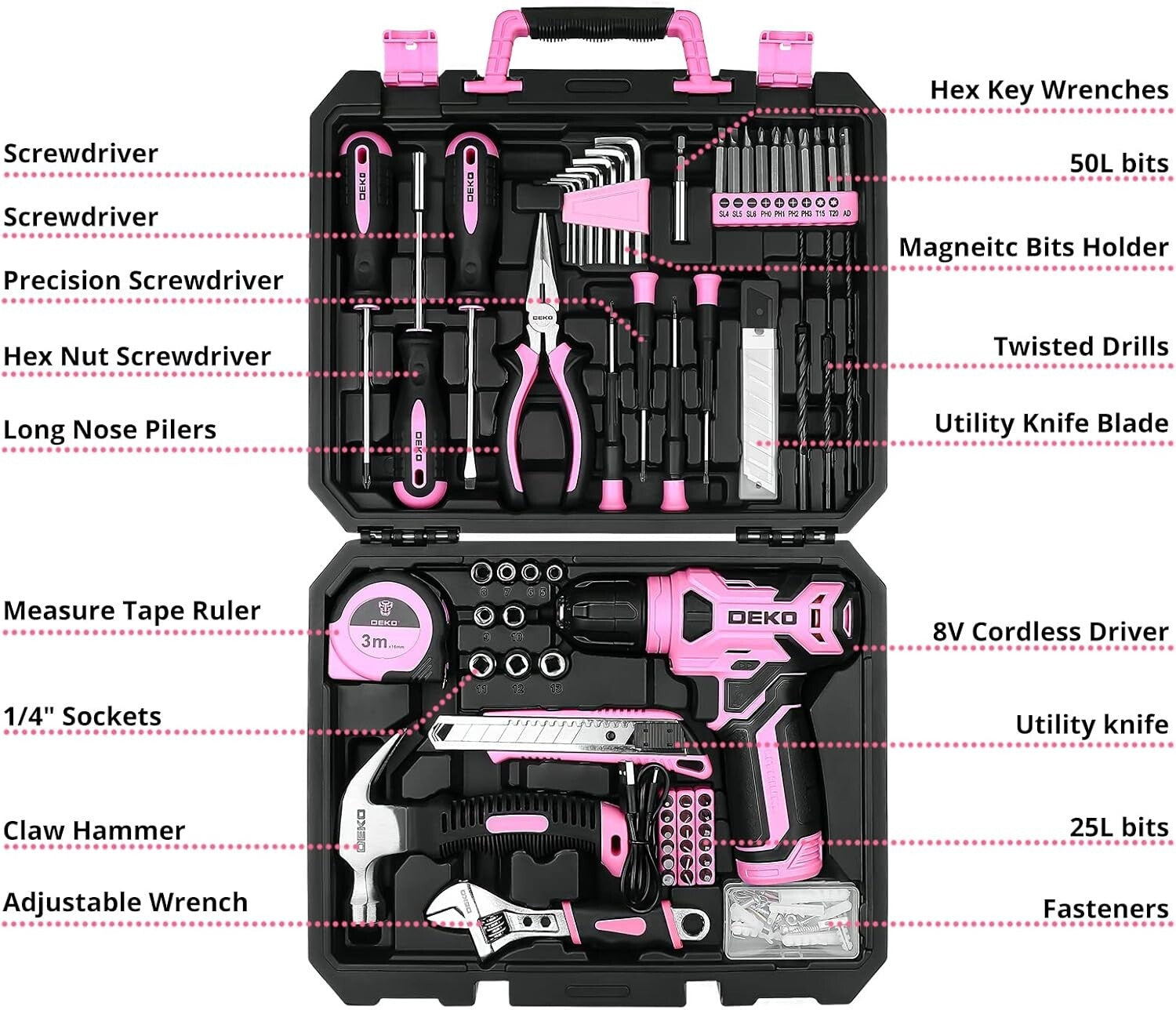 Elegant 126-Piece Pink Tool Kit with LED Cordless Drill - Home DIY Essential