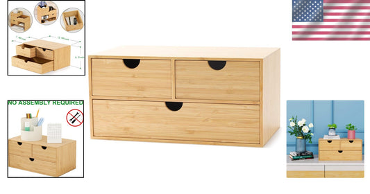 Sustainable Bamboo Mini Desktop Drawer Organizer - Fully Assembled, 3 Drawers