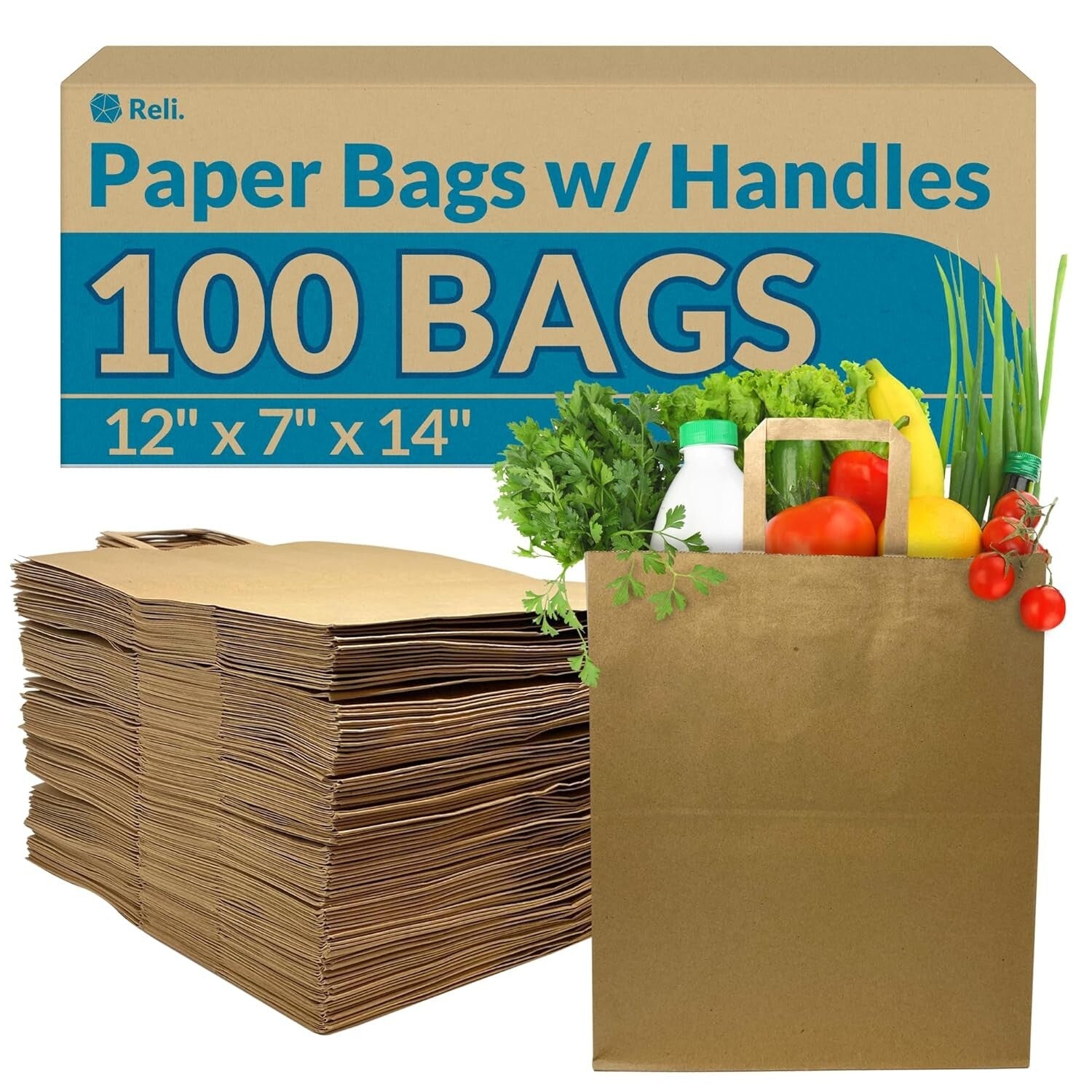 100 Pcs Heavy Duty Paper Grocery Bags w/Handles - 57 Liters for Shopping & Ta...
