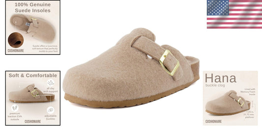 Hana Slip-On Buckle Clogs with Cork Footbed & Memory Foam - Sand Wool, Size 8.5