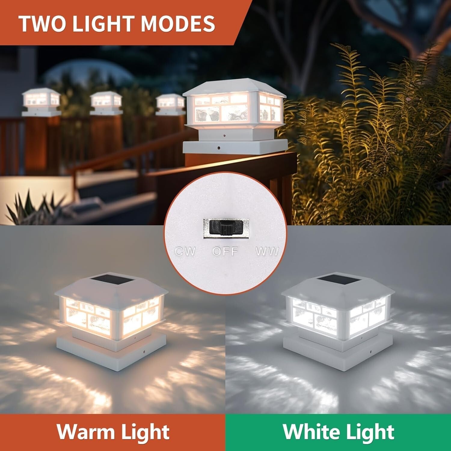 Durable Waterproof Solar Post Lights - 8 Pack with Warm & White Light Options