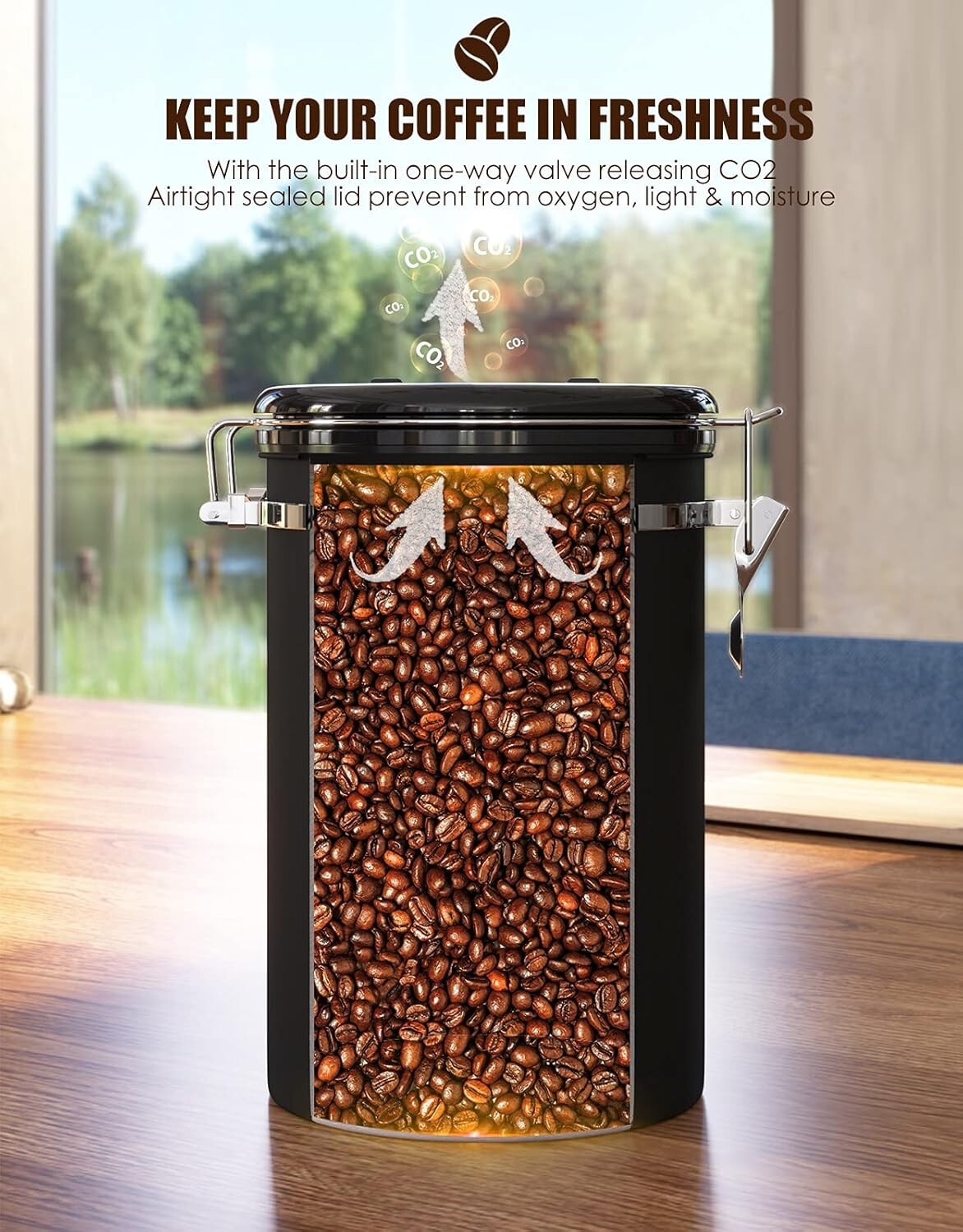 Airtight Coffee Canister Set, 22oz + 16oz with CO2 Valves & Date Tracker - Black