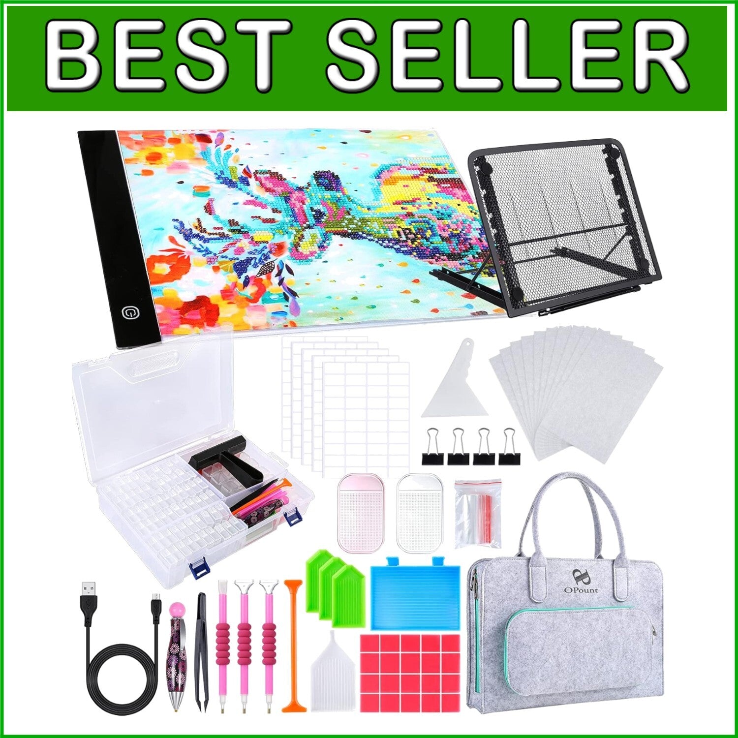 170 PCS Diamond Art Kit with Adjustable LED Light Pad & 80-Grid Storage Box