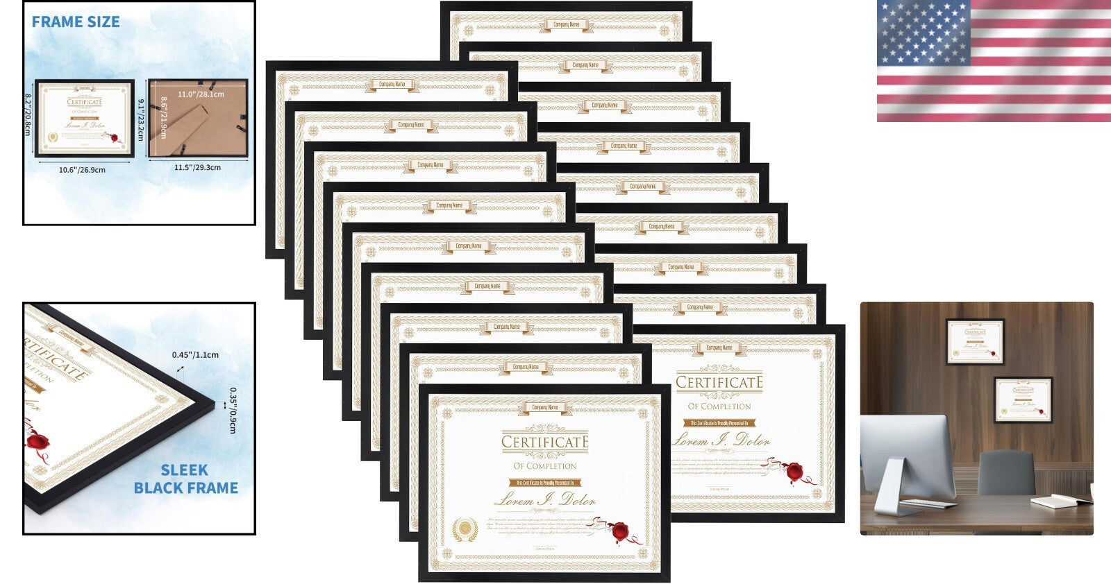 Lightweight 8.5x11 Black Picture Frame Set - Perfect for Certificates and Photos