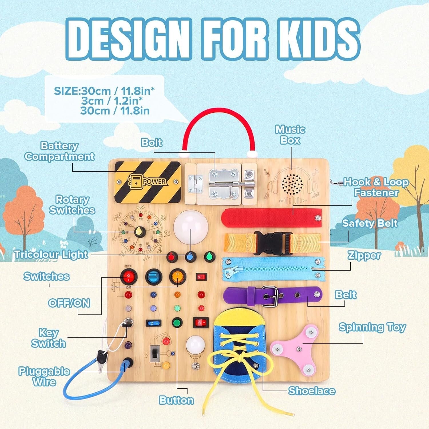 Travel-Friendly Montessori Busy Board with 15 Switches & 26 LED Lights for Kids