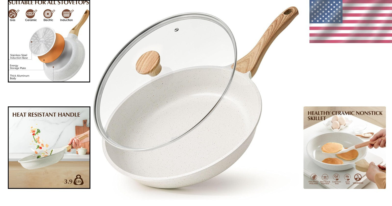 Healthy 12.5 Inch Nonstick Ceramic Frying Pan with Lid - Induction Compatible