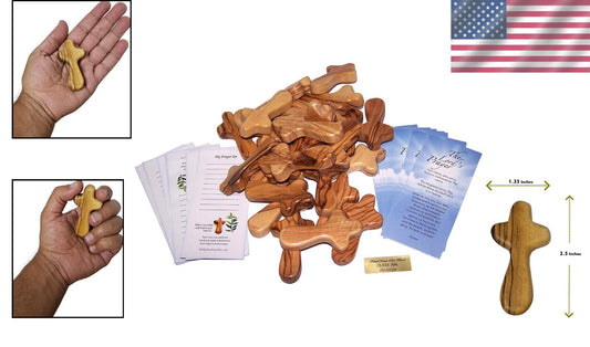 2.5 Inch Olive Wood Crosses with Certificates & Lord Prayer Cards - 25 Pack
