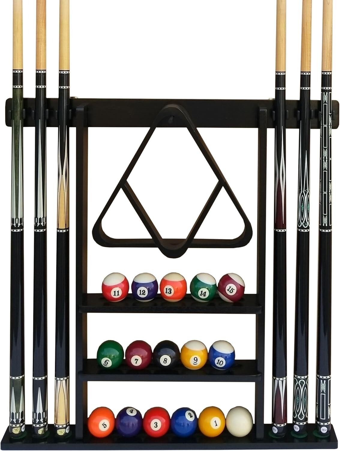 Elegant Black Wall Mount Cue Rack - Holds 6 Cues & 16 Balls - Easy Installation