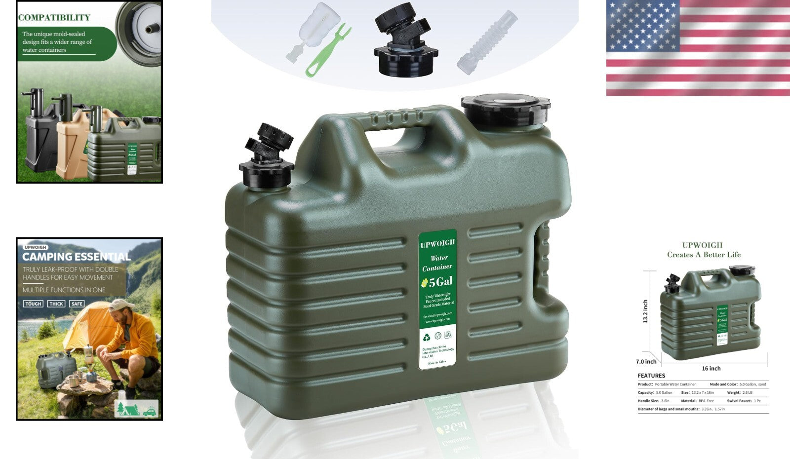 5-Gallon Leak-Proof Water Jug with Easy Pour Spigot, BPA-Free, Military Green