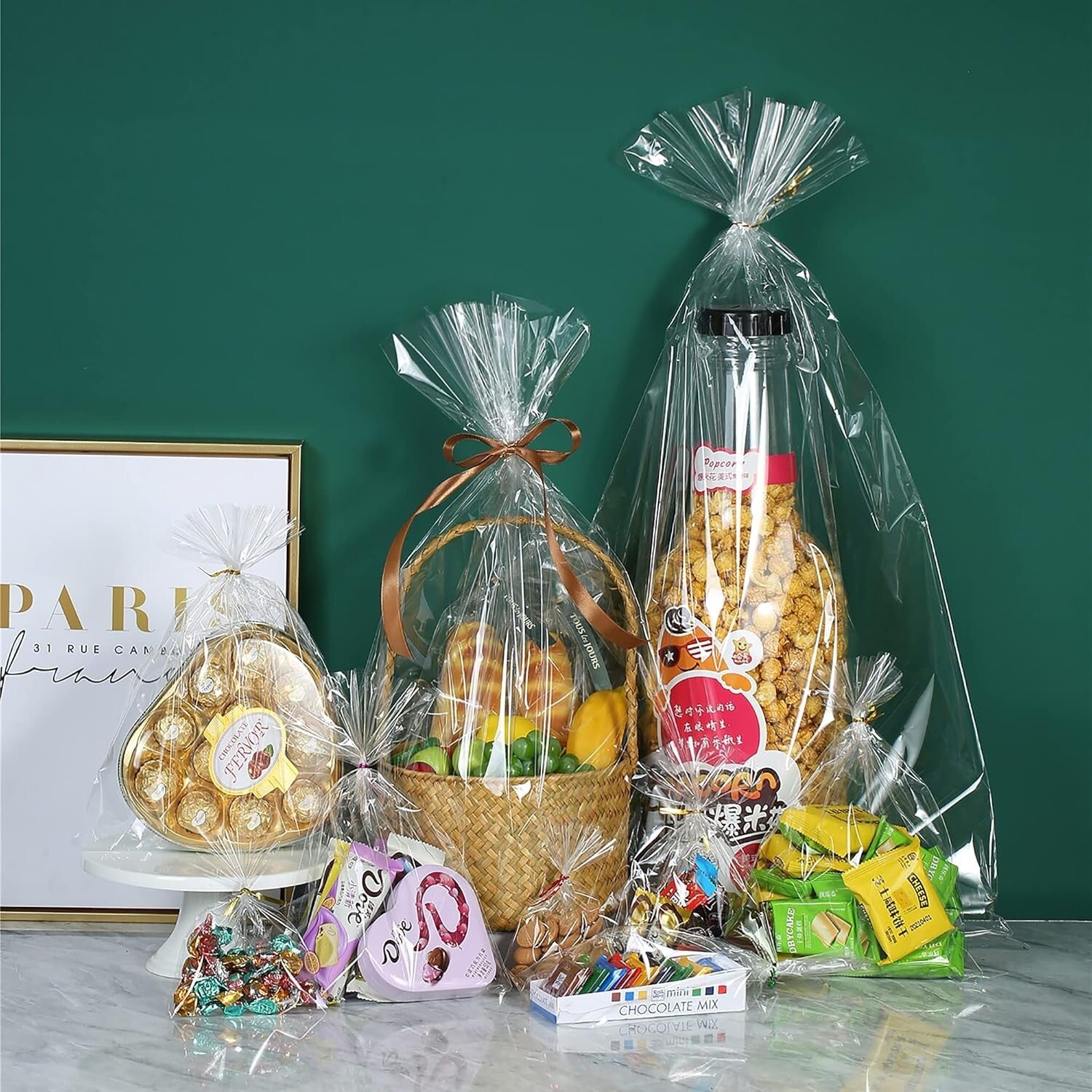 100 Pcs Premium 20"x30" Clear Cello Treat Bags with Colorful Twist Ties