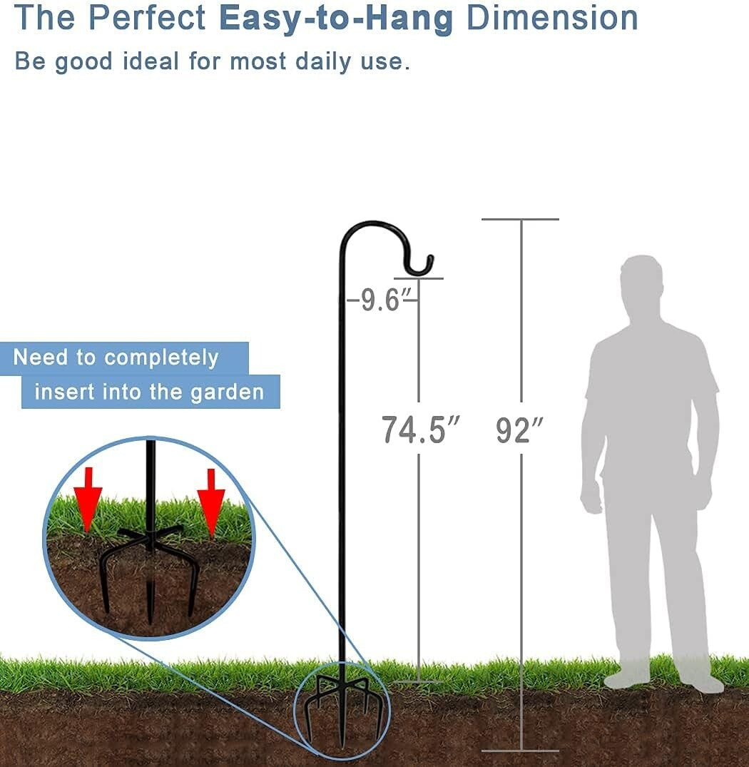 Rust-Resistant Adjustable Shepherd Hooks, 92" High with 5 Base Prongs - Black