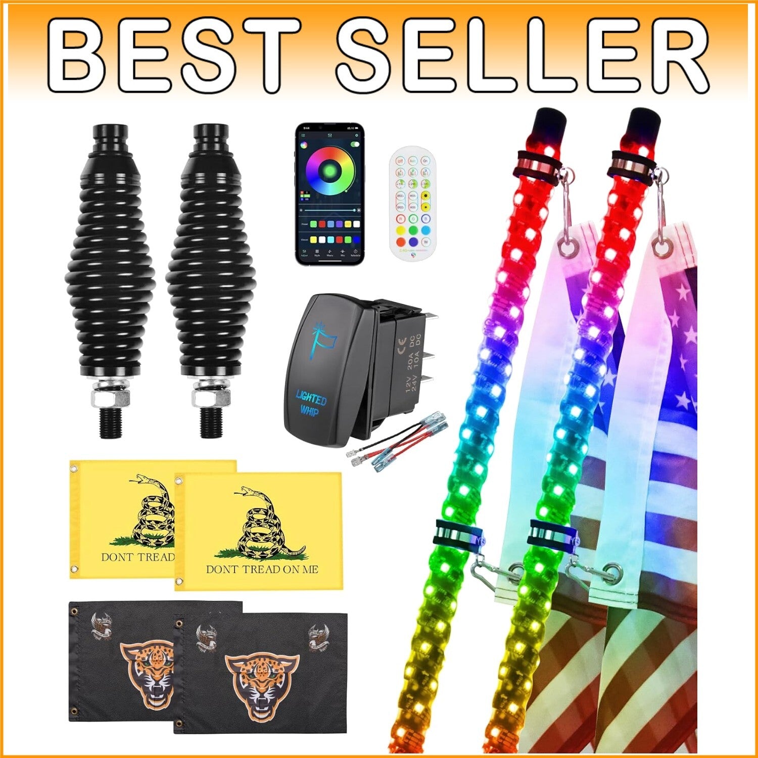 Customizable RGB 4FT Whip Lights with Remote Control for Off-Road Adventures