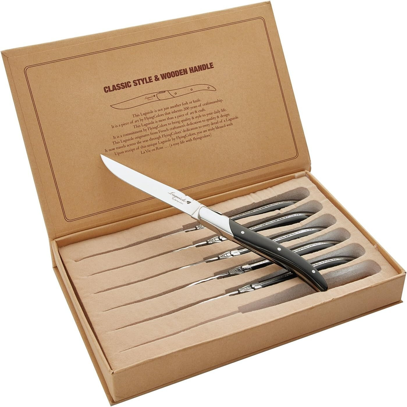 Premium Laguiole Steak Knife Set – 6 Stainless Steel Knives with Wood Finishes