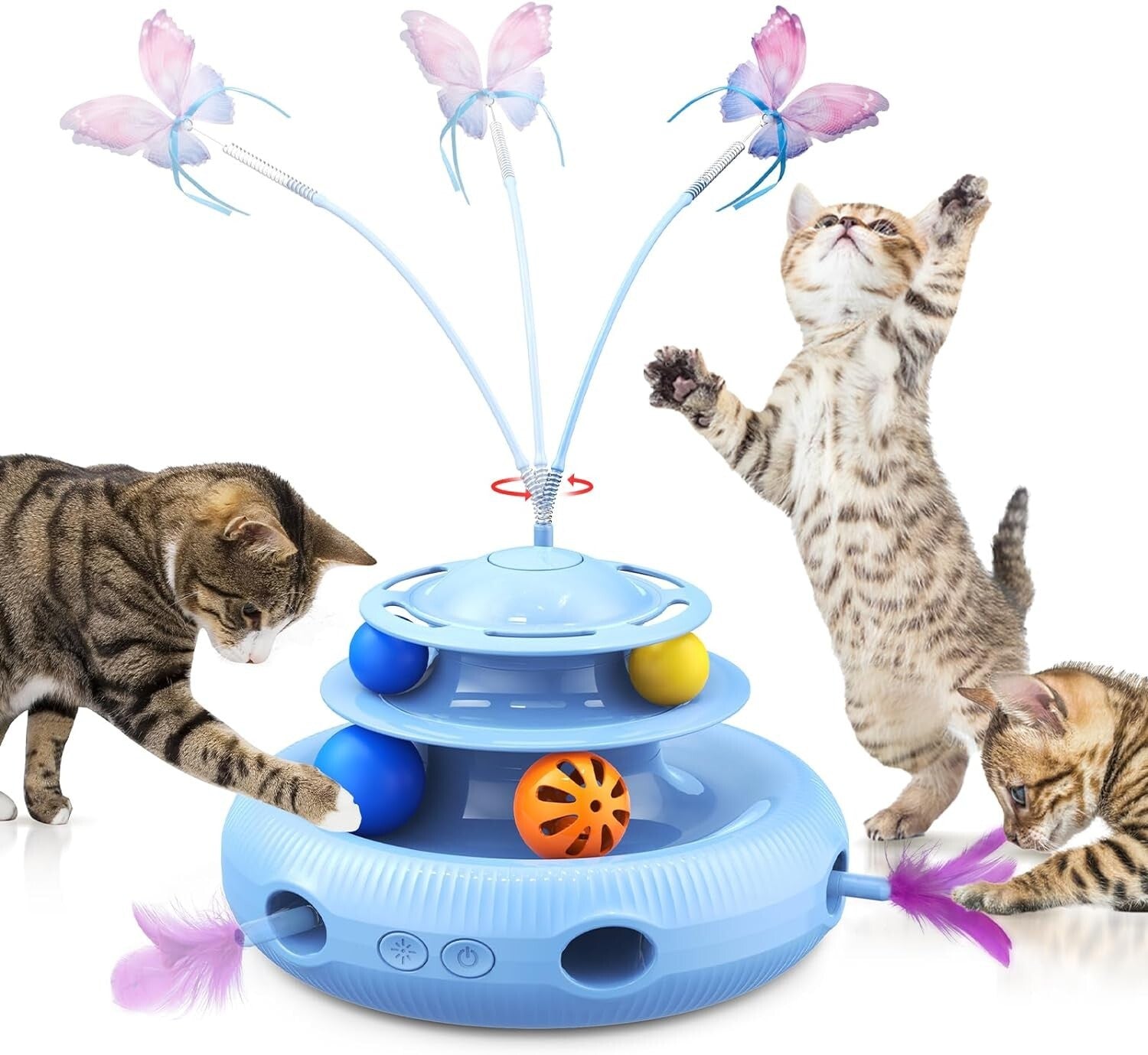 Blue Rechargeable Cat Toy: 4-in-1 Fun with Butterfly & Random Feather Action
