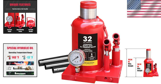 32 Ton Heavy Duty Double Piston Car Bottle Jack with Gauge - Red, 16.54" Lift