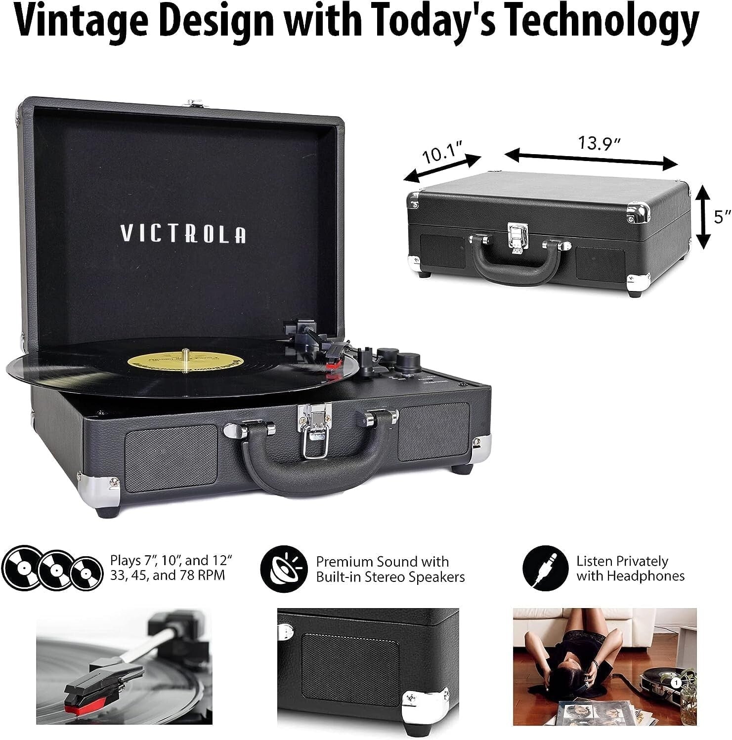 Portable 3-Speed Suitcase Turntable with Upgraded Sound and Bluetooth Speakers