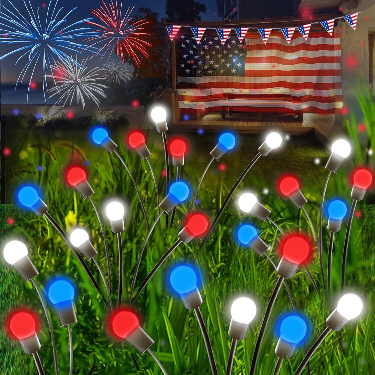36 LED Solar Powered Red White Blue Lights with 2 Modes - Independence Day Decor