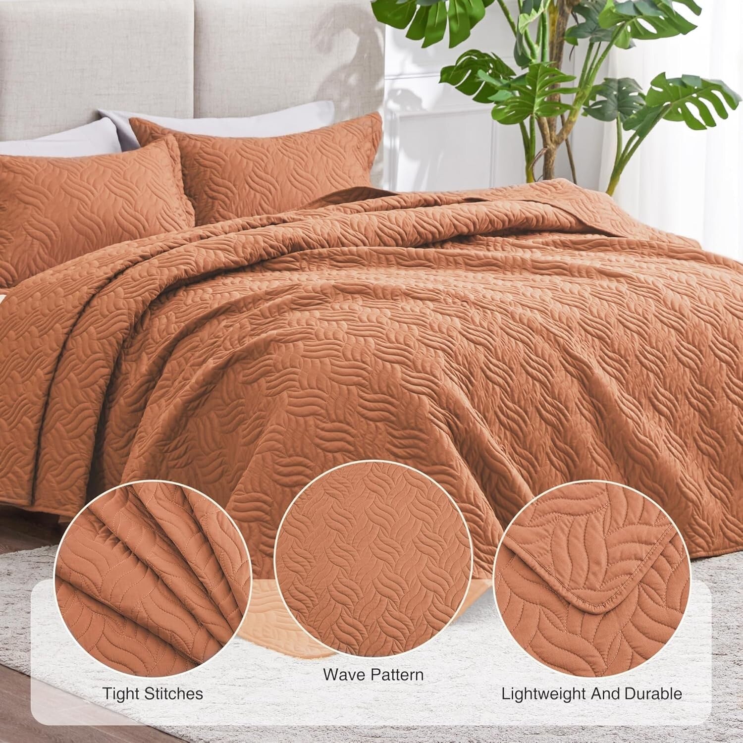 Durable Wave Pattern King Quilt and Pillow Shams - Perfect for Year-Round Use
