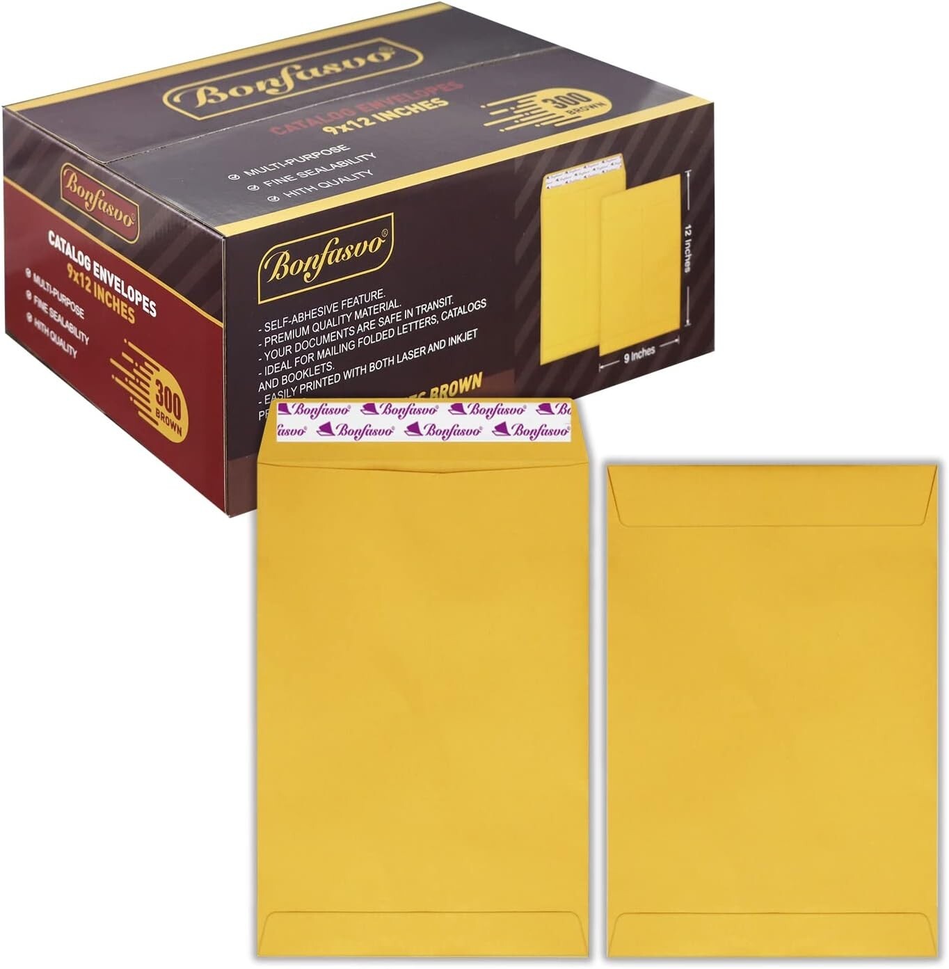 Sturdy 300 Pack 9x12 Brown Mailing Envelopes - Printable Self-Seal Kraft Paper