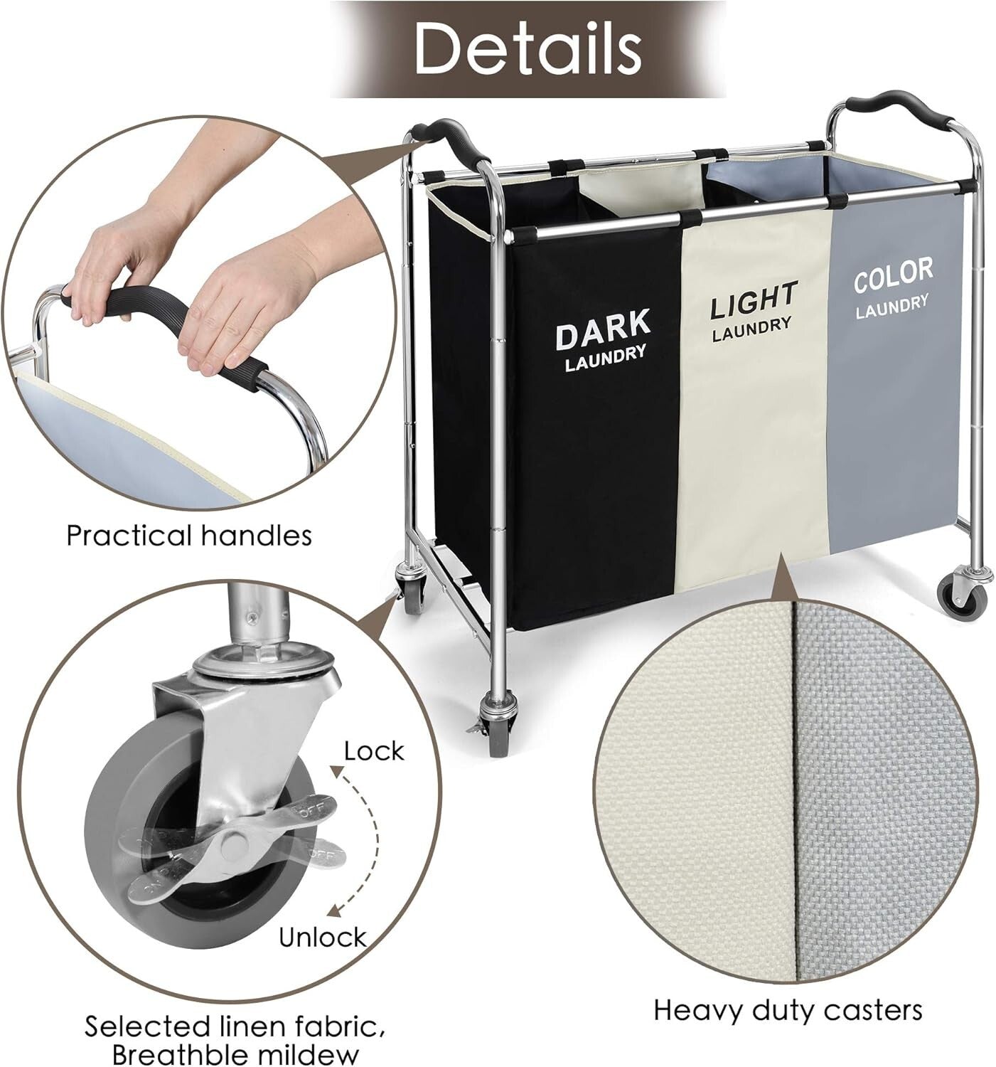Durable 3-Compartment Laundry Cart with Wheels - Waterproof & Lightweight Design