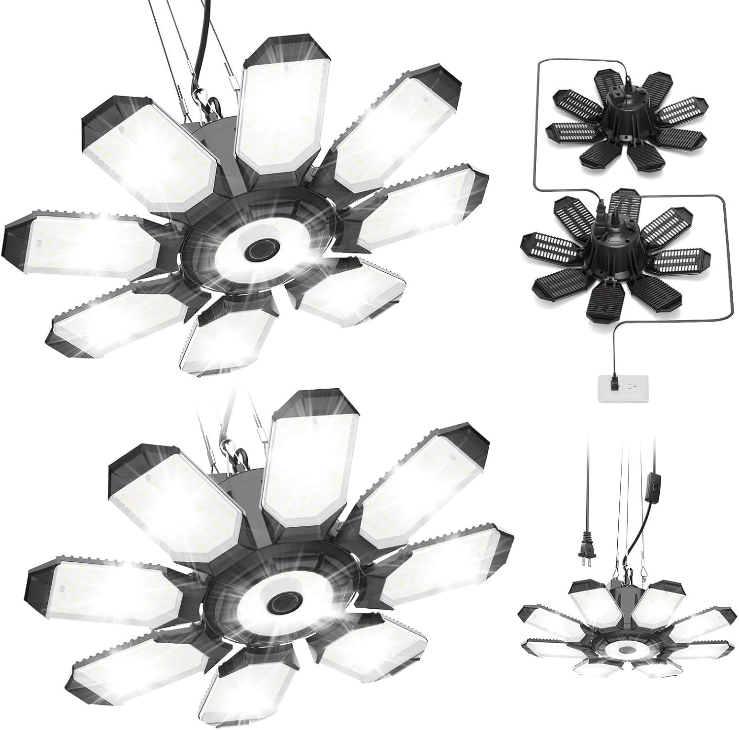 2024 Upgraded 250W LED Garage Lights + 8+1 Panels for Total Lighting Flexibility