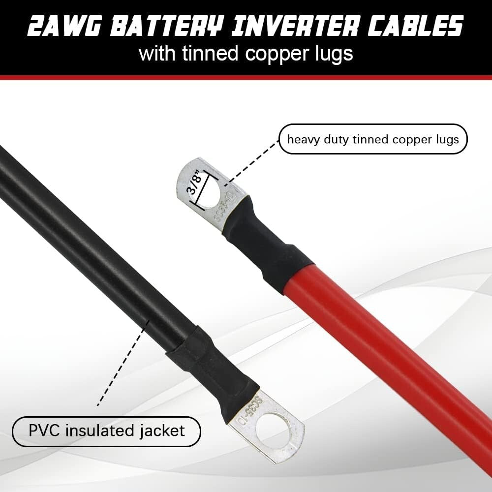 Essential 2 AWG Battery Cables - 5FT Pure Copper for Solar, RV, and Marine Needs