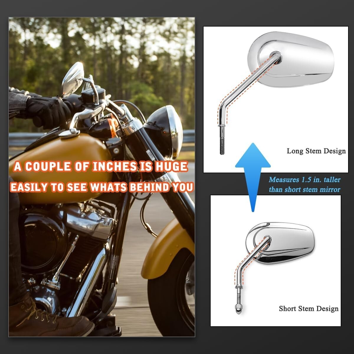 Chrome Long Stem Handlebar Mount Mirrors for 2024 Harley Models - Left & Right