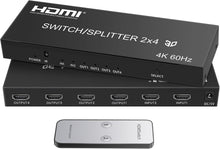 Load image into Gallery viewer, Versatile 4K HDMI Switch with Remote: 2 Inputs, 4 Outputs for Multiple Devices