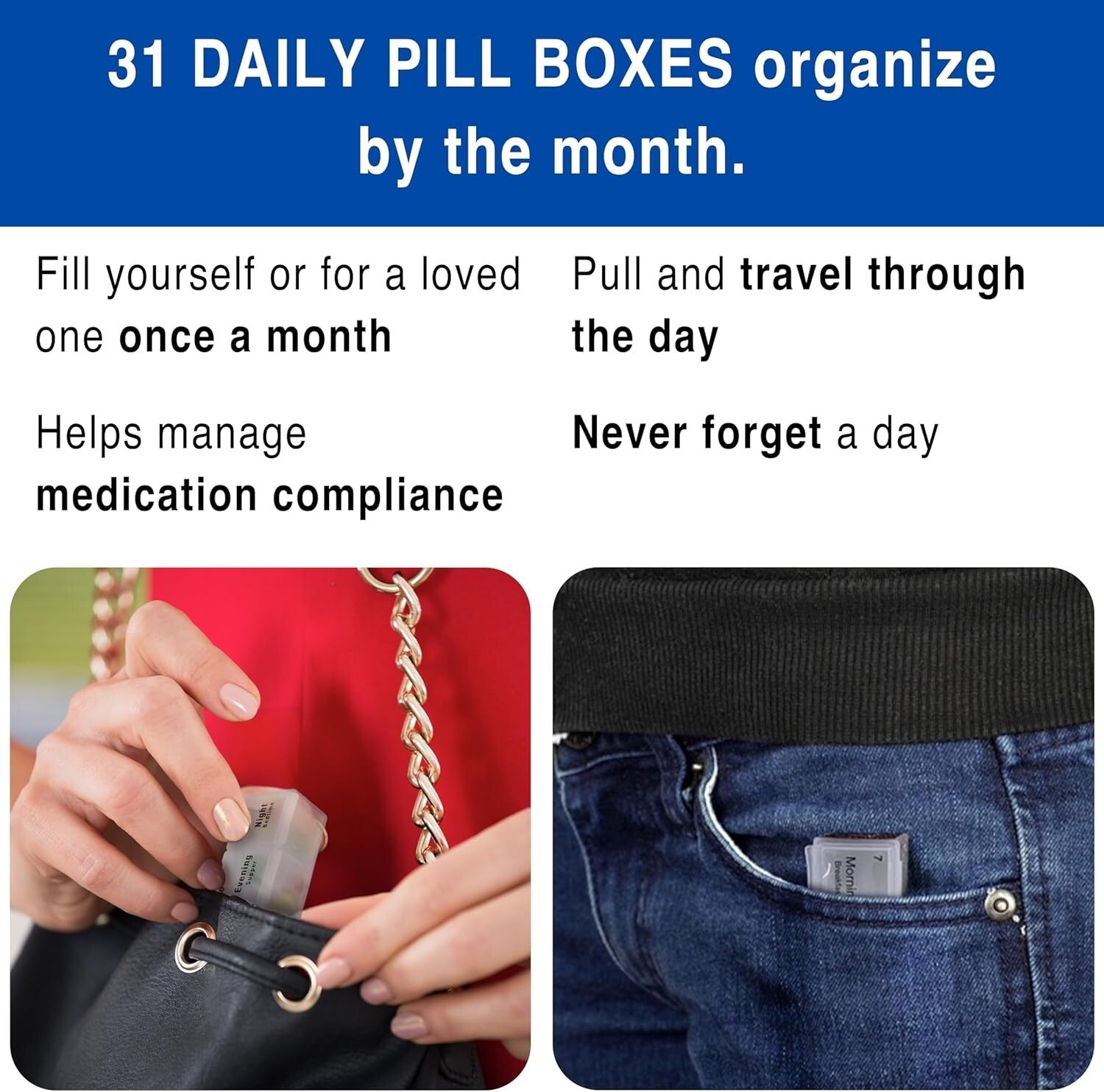 FSA HSA Eligible 31-Day Monthly Pill Organizer with 4 Times a Day Compartments