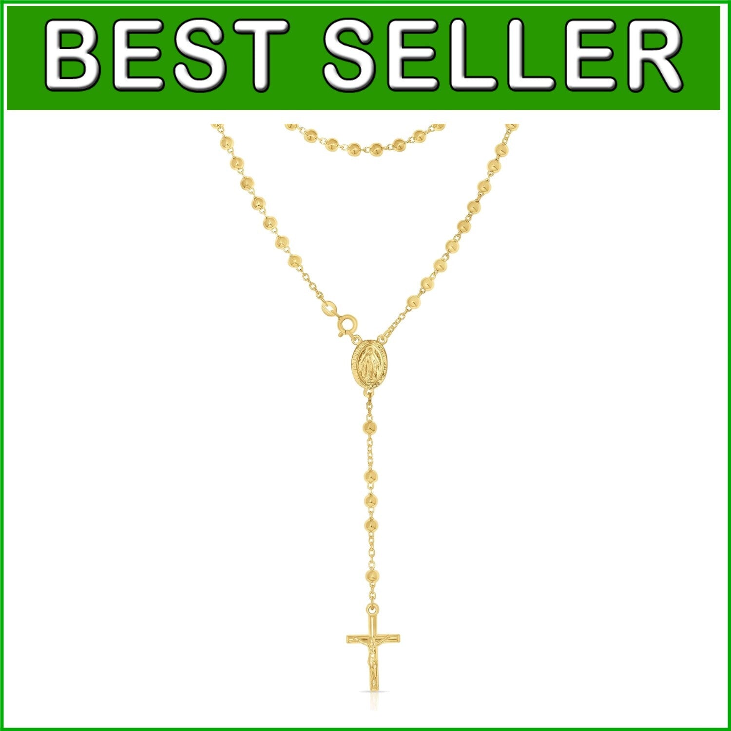 Lightweight Unisex Sterling Silver Rosary Charm Necklace - Gold Plated Finish