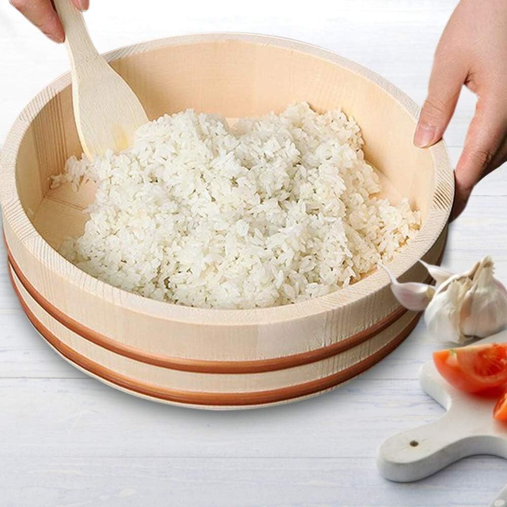 Traditional 14.2 Inch Wooden Sushi Mixing Bowl - Perfect for Home Sushi Nights