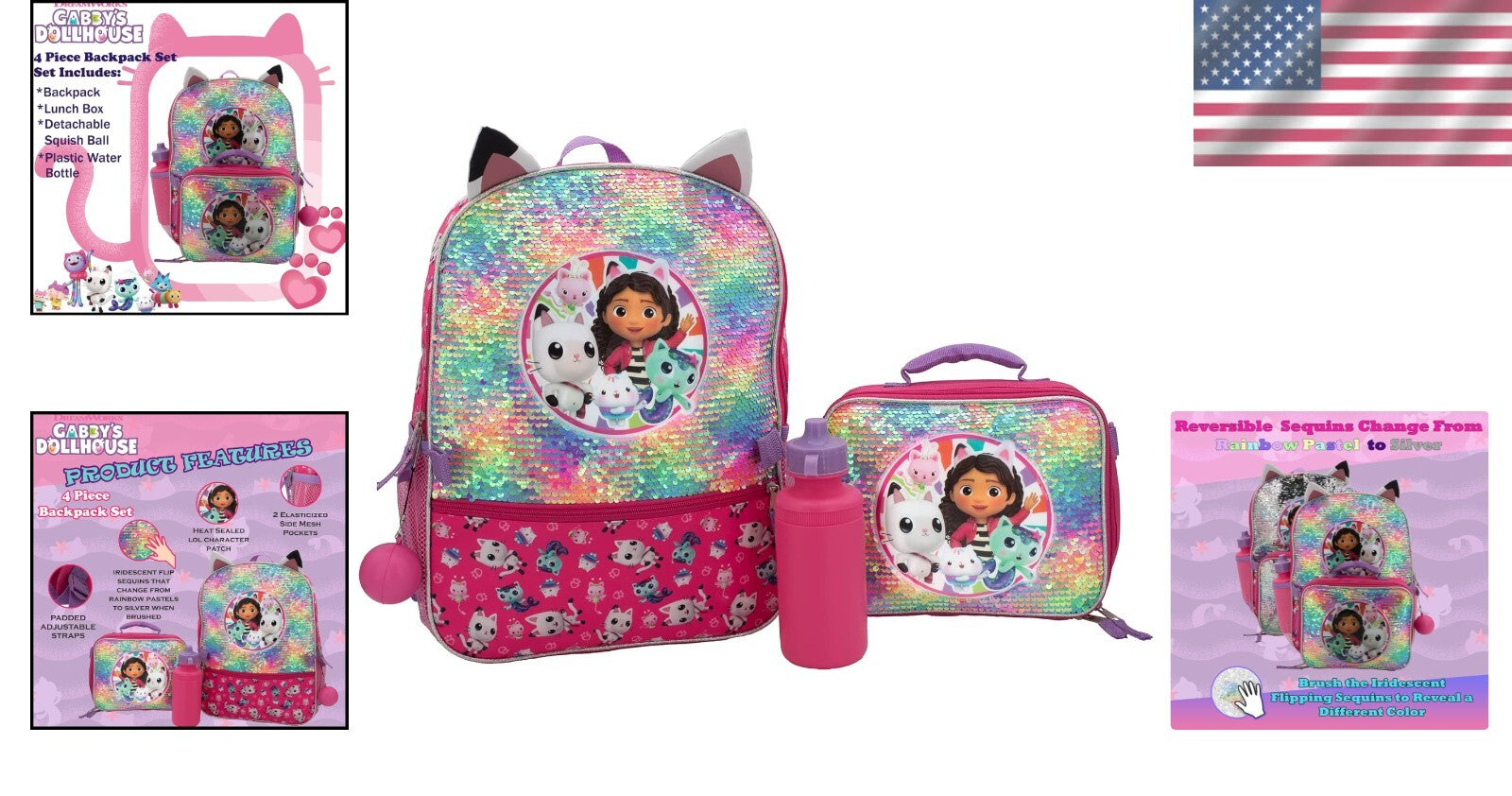 Durable 16" Gabby’s Dollhouse Sequin Backpack Set - Perfect for School Travel