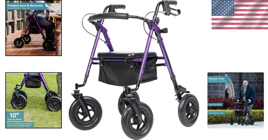 Lightweight Purple Rollator Walker with Large Rubber Wheels & Storage Basket