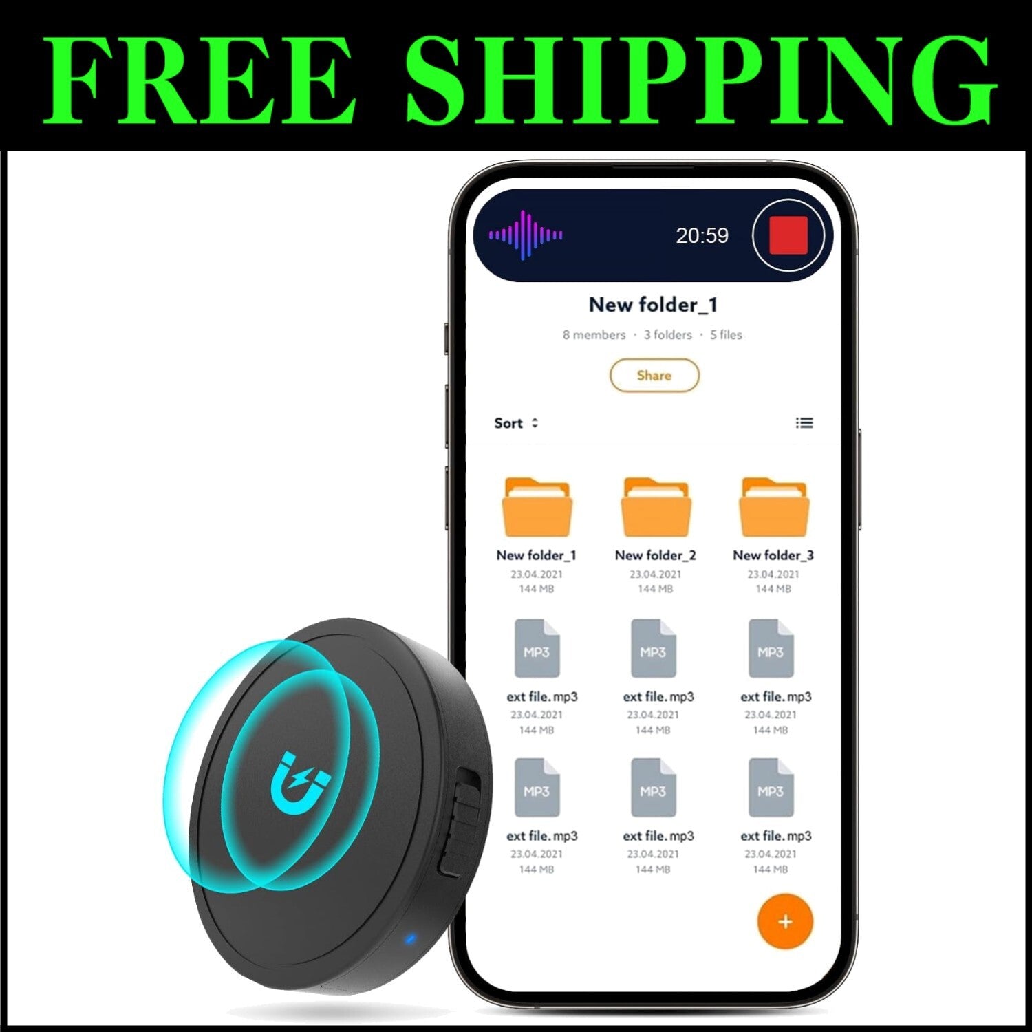 128GB Magnetic Voice Activated Recorder - 1600 Hours of HD Sound Recording