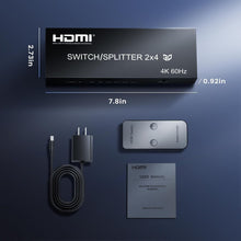 Load image into Gallery viewer, Versatile 4K HDMI Switch with Remote: 2 Inputs, 4 Outputs for Multiple Devices