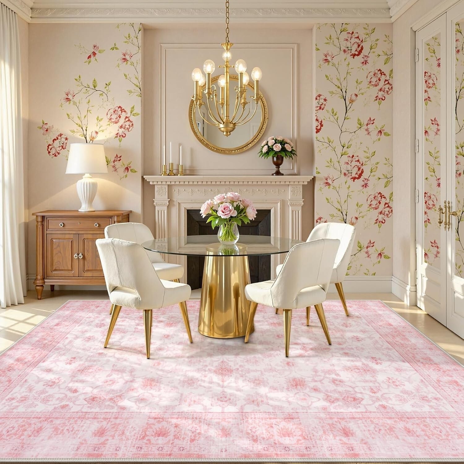 Elegant 8x10 Pink Floral Area Rug - Soft Washable Faux Wool for Living Spaces
