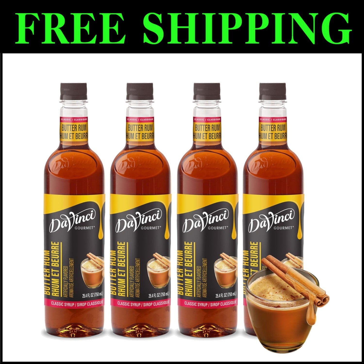 Classic Butter Rum Syrup 25.4 Oz - Pack of 4 for All Your Beverage Creations
