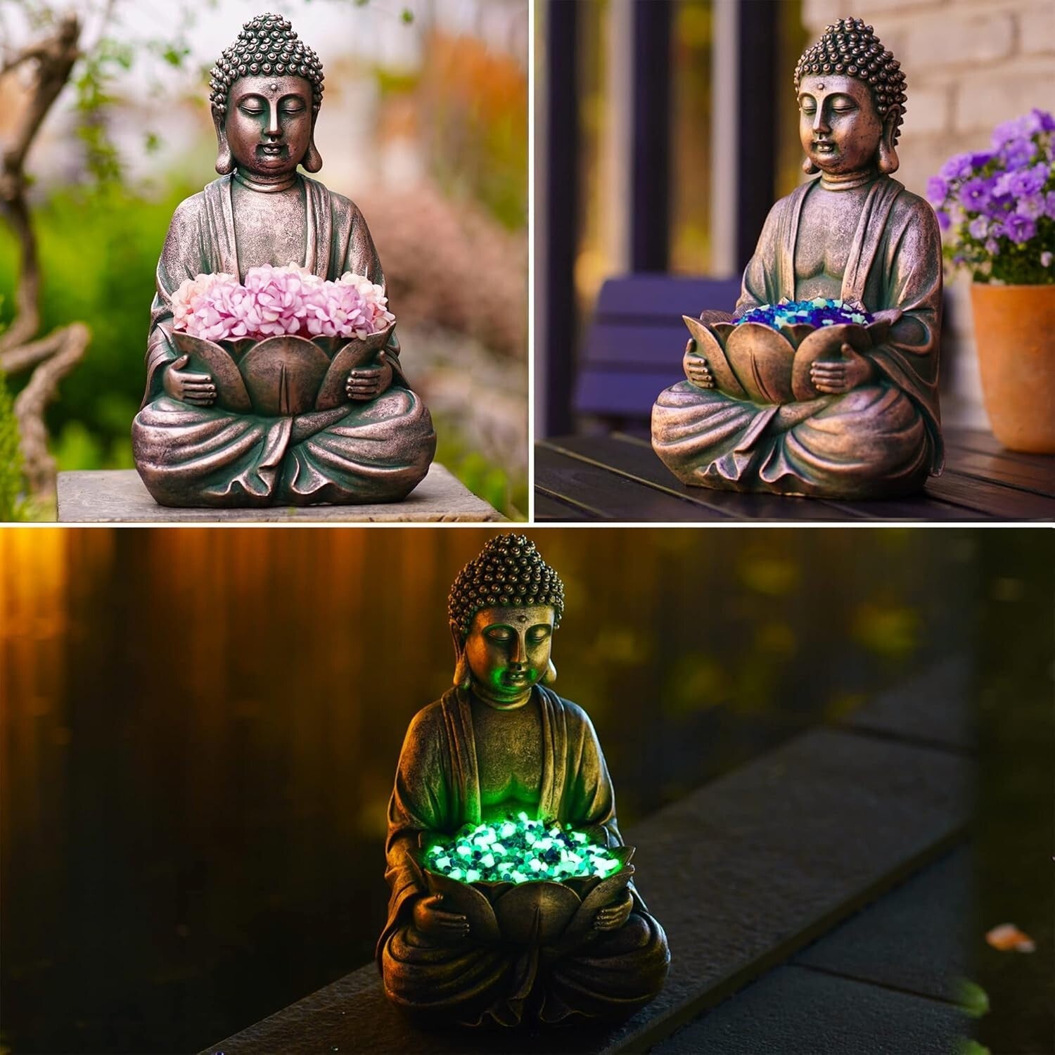 Meditating Buddha Sculpture - Indoor/Outdoor 12" Garden Decor with Glass Stones