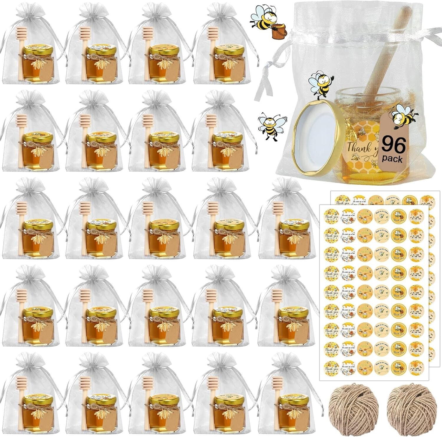 Cute 96 Pack Glass Honey Jars with Accessories – Ideal for Weddings & Birthdays