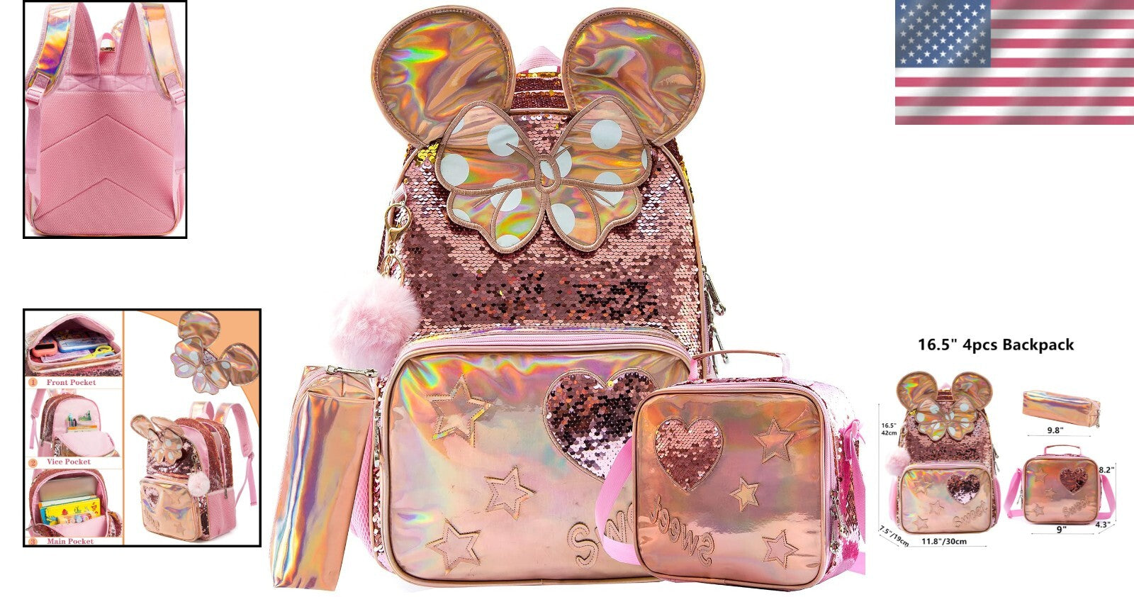Cute Adjustable Sequin Backpack Set for Girls - Includes Lunch Box & Pencil Case